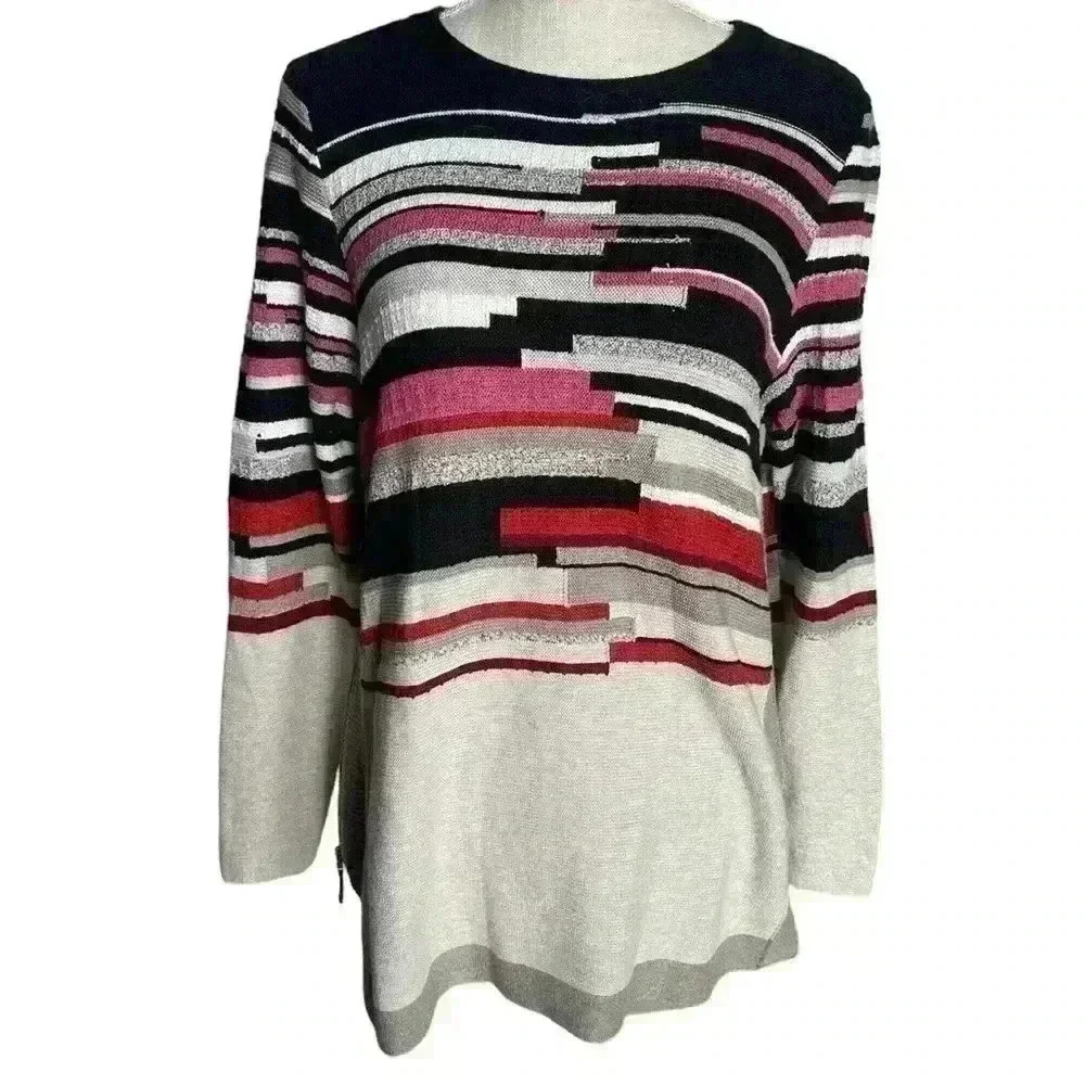 NIC+ZOE Black Beige Multicolor Long Sleeve Tunic Sweater Side Zippers Size Large